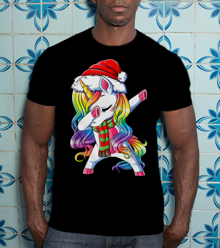 Dabbing Unicorn In Santa Hat With Rainbow Mane And Scarf For Christmas Girls T-Shirt