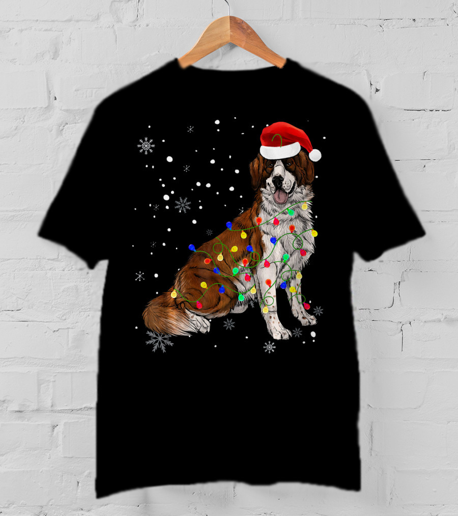 Bernard Dog Christmas Lights Santa Hat Snowflakes T-Shirt