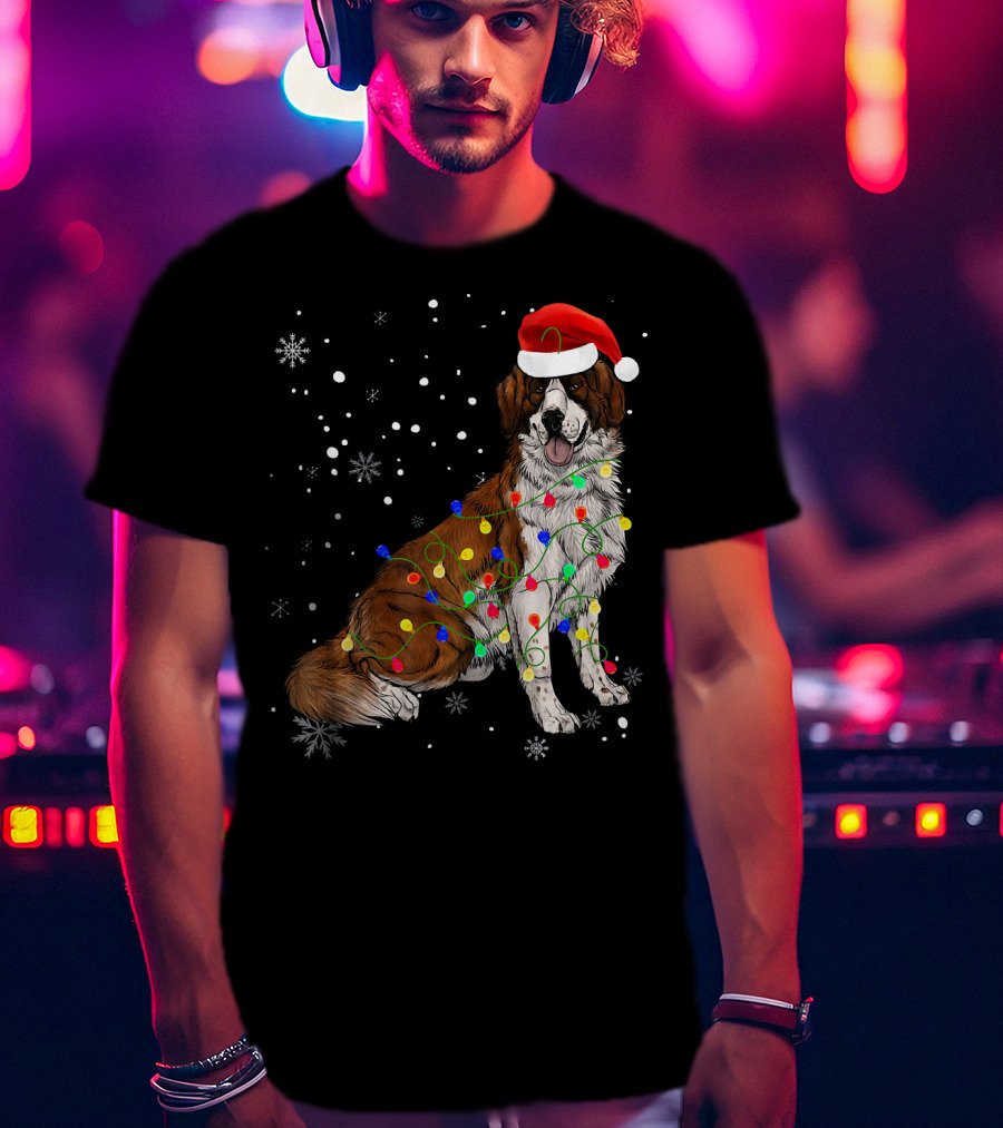 Bernard Dog Christmas Lights Santa Hat Snowflakes T-Shirt