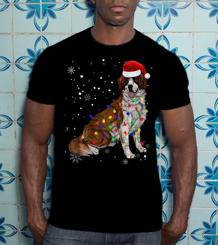 Bernard Dog Christmas Lights Santa Hat Snowflakes T-Shirt