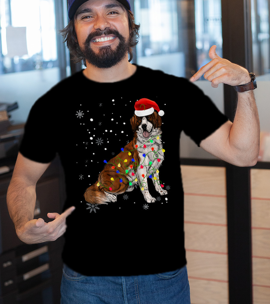 Bernard Dog Christmas Lights Santa Hat Snowflakes T-Shirt