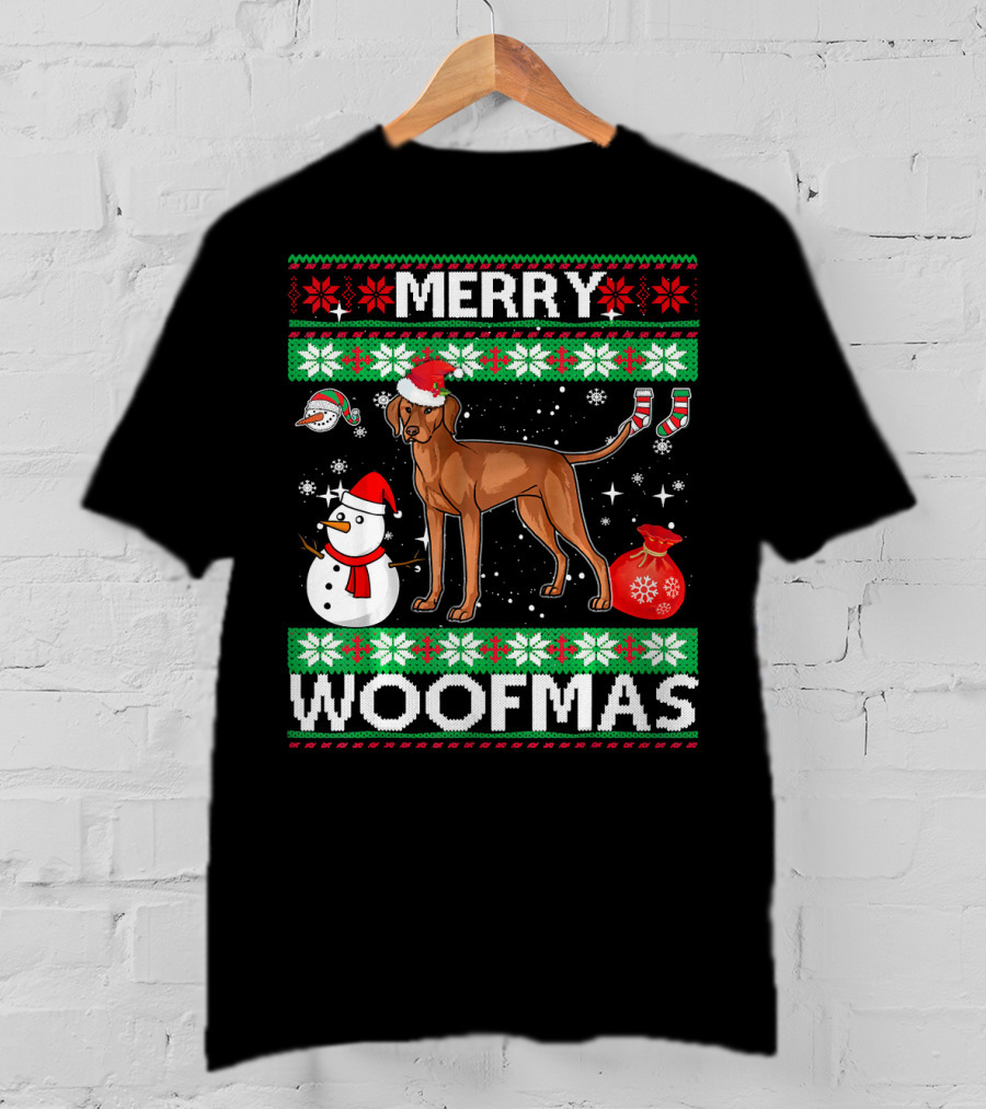 Merry Woofmas Vizsla Dog Festive Snowman Santa Hat T-Shirt