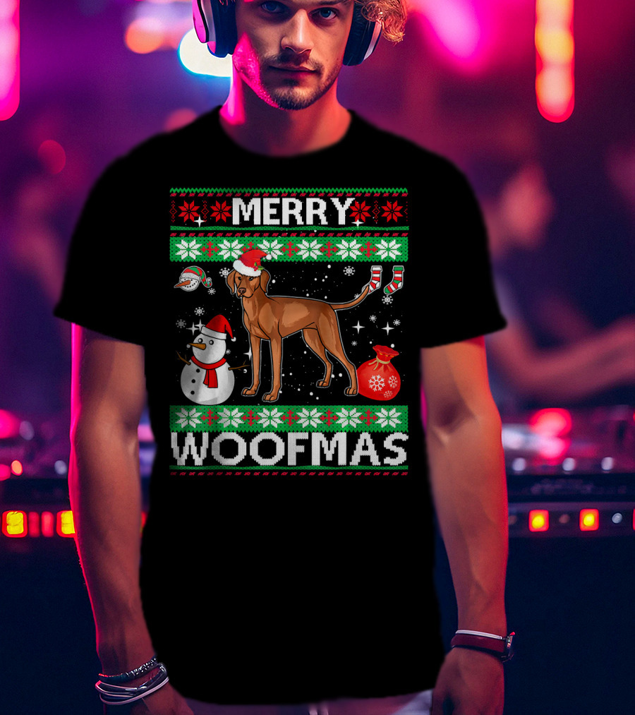 Merry Woofmas Vizsla Dog Festive Snowman Santa Hat T-Shirt