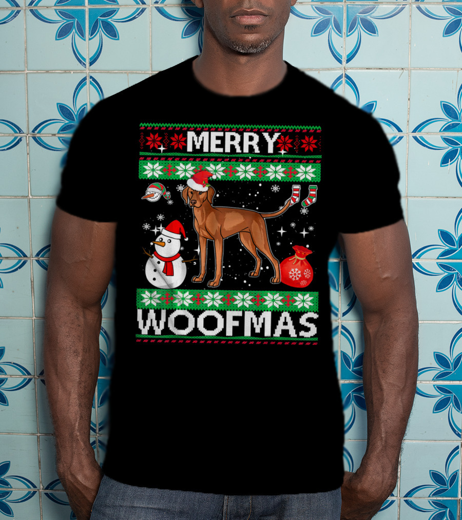 Merry Woofmas Vizsla Dog Festive Snowman Santa Hat T-Shirt