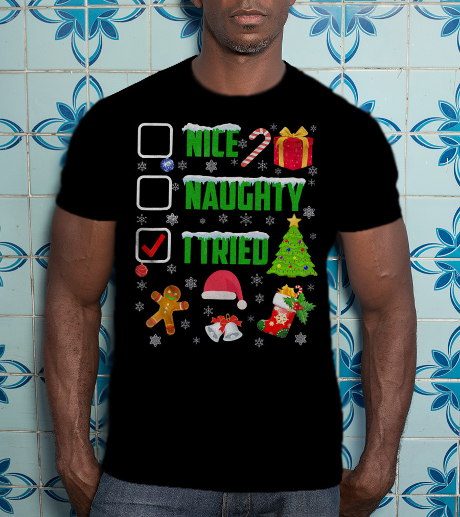 I Tried Nice Naughty Christmas Humor Candy Cane Gingerbread Santa Hat T-Shirt