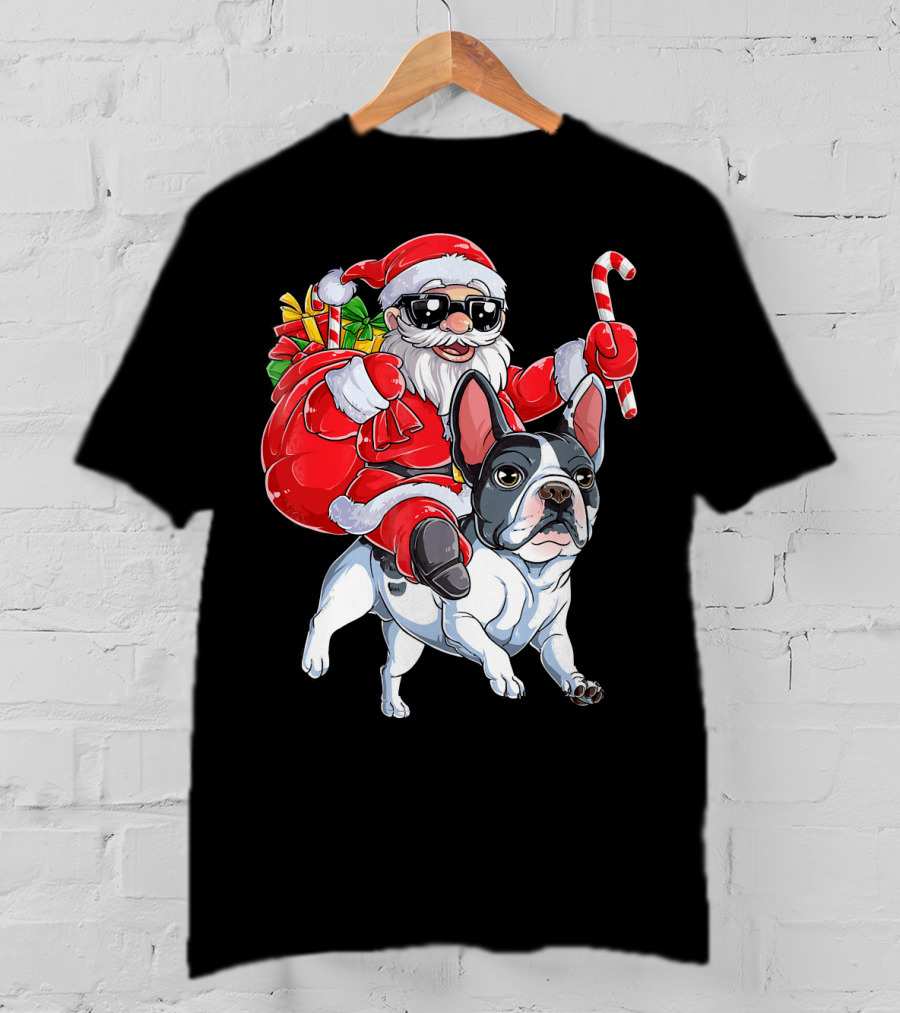 French Bulldog Christmas Santa Claus Cane Sleigh T-Shirt