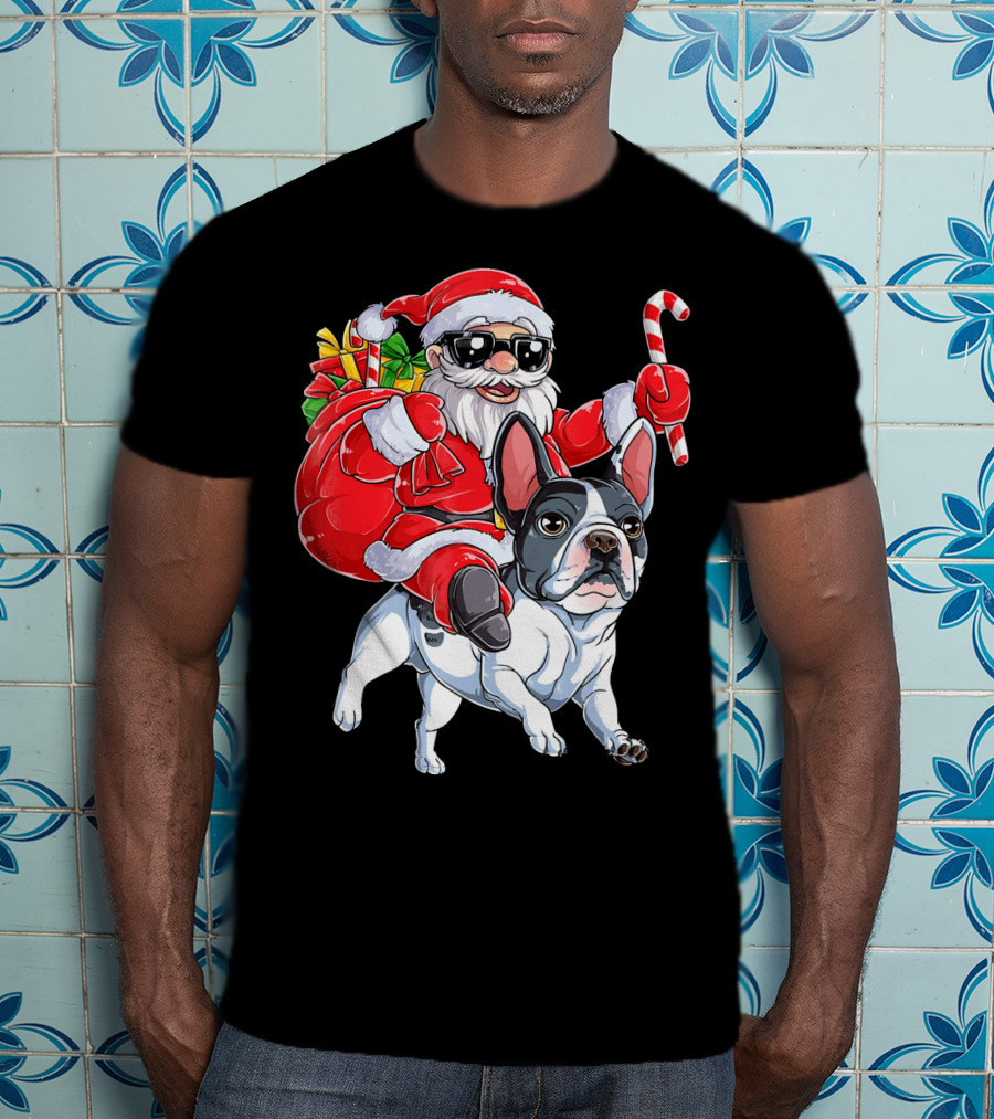 French Bulldog Christmas Santa Claus Cane Sleigh T-Shirt