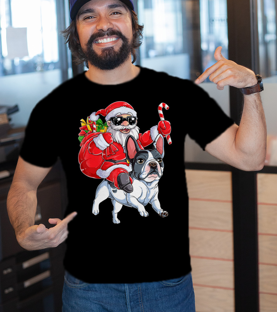 French Bulldog Christmas Santa Claus Cane Sleigh T-Shirt