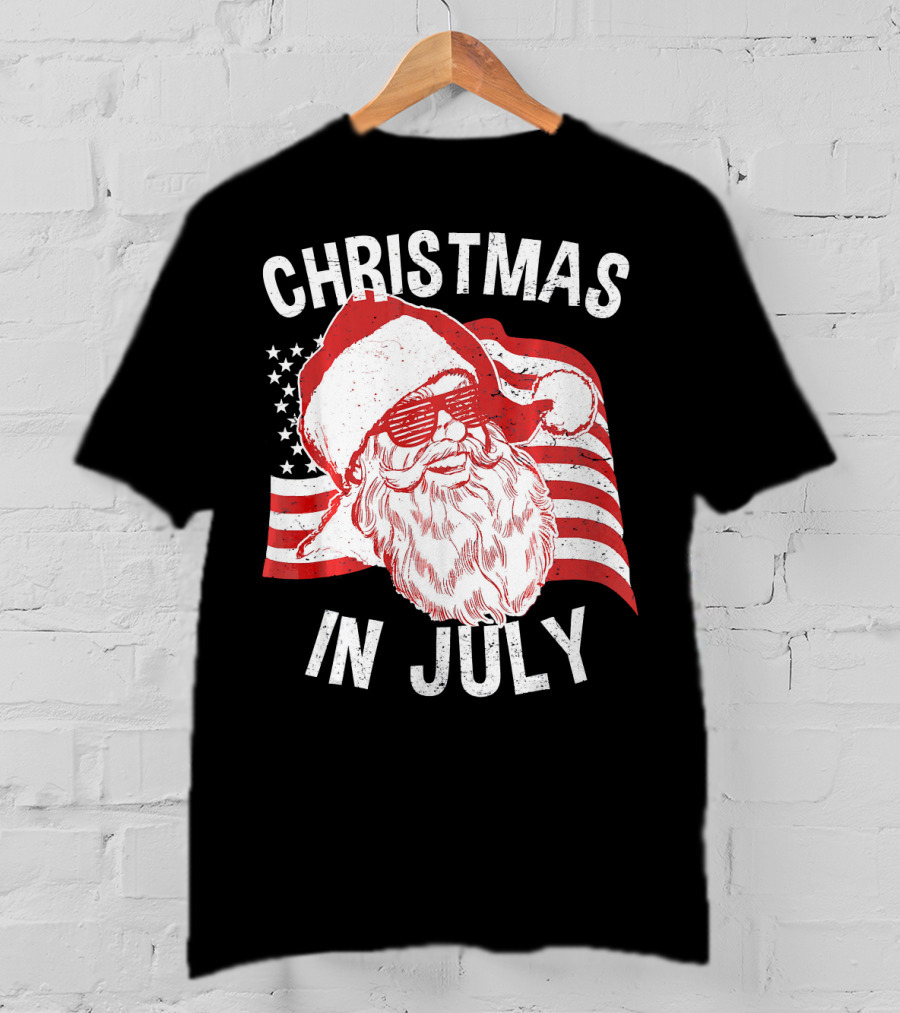 Christmas In July Retro Hipster Santa With American Flag And Shades T-Shirt