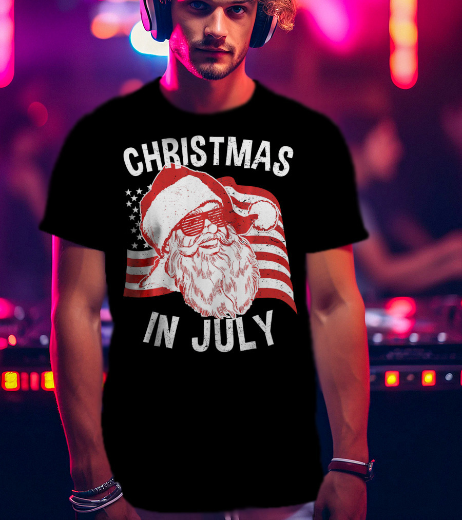 Christmas In July Retro Hipster Santa With American Flag And Shades T-Shirt