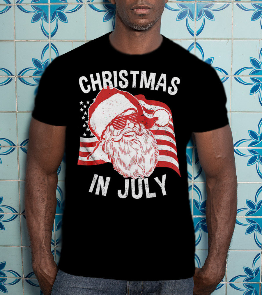 Christmas In July Retro Hipster Santa With American Flag And Shades T-Shirt