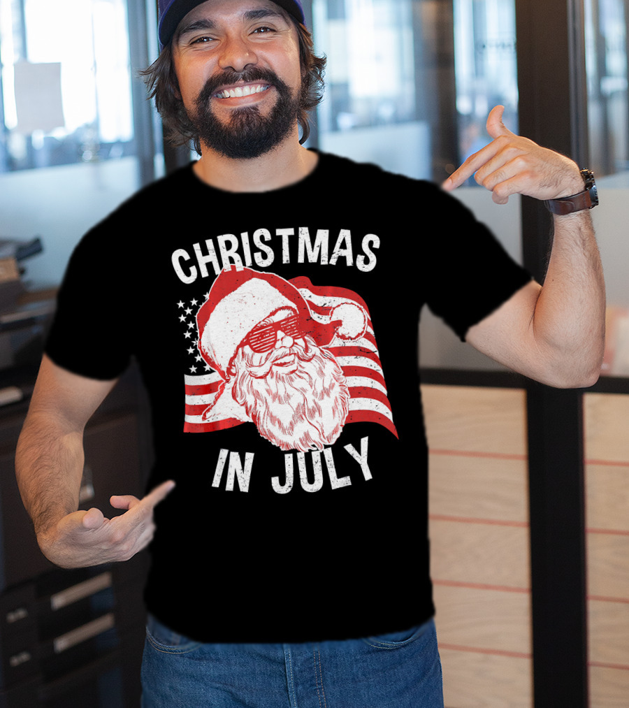 Christmas In July Retro Hipster Santa With American Flag And Shades T-Shirt