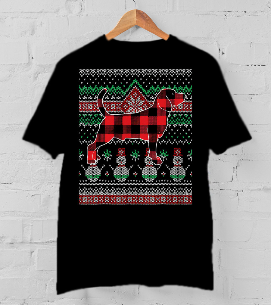 Beagle Red Plaid Christmas Dog Sweater Snowman T-Shirt