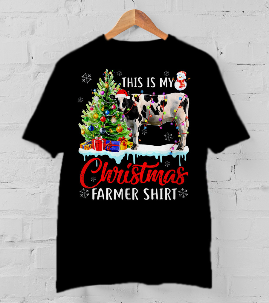 This Is My Christmas Farmer Shirt Cow Santa Hat Snowman Lights Tree T-Shirt