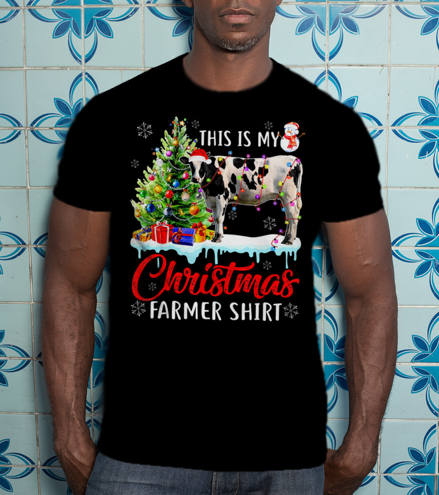 This Is My Christmas Farmer Shirt Cow Santa Hat Snowman Lights Tree T-Shirt