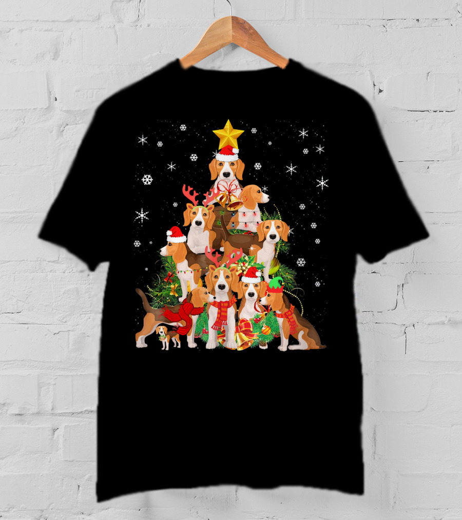 Beagles Christmas Tree With Festive Santa Hats And Reindeer Antlers T-Shirt