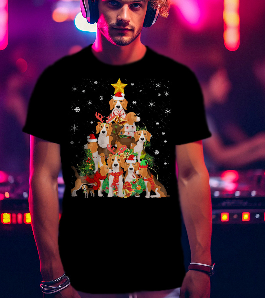 Beagles Christmas Tree With Festive Santa Hats And Reindeer Antlers T-Shirt