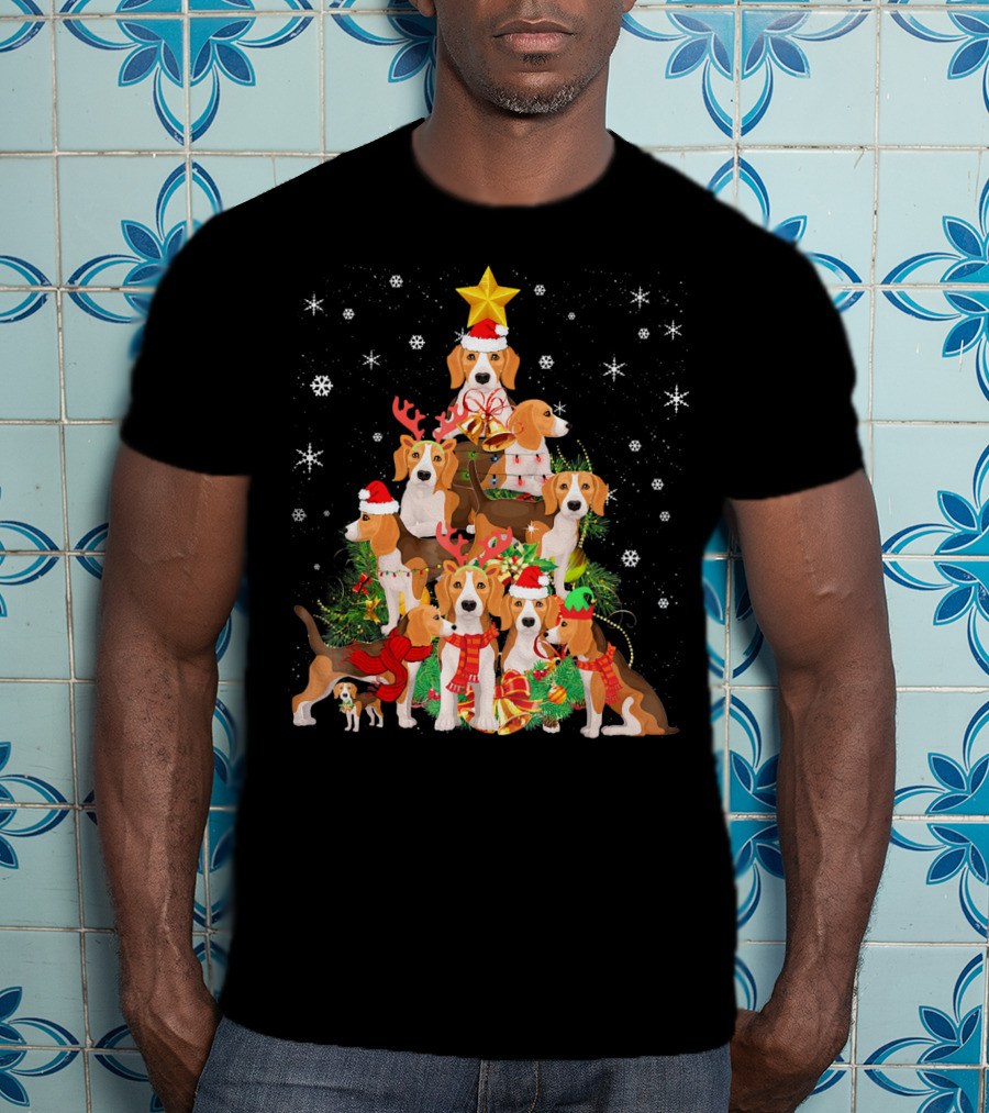 Beagles Christmas Tree With Festive Santa Hats And Reindeer Antlers T-Shirt