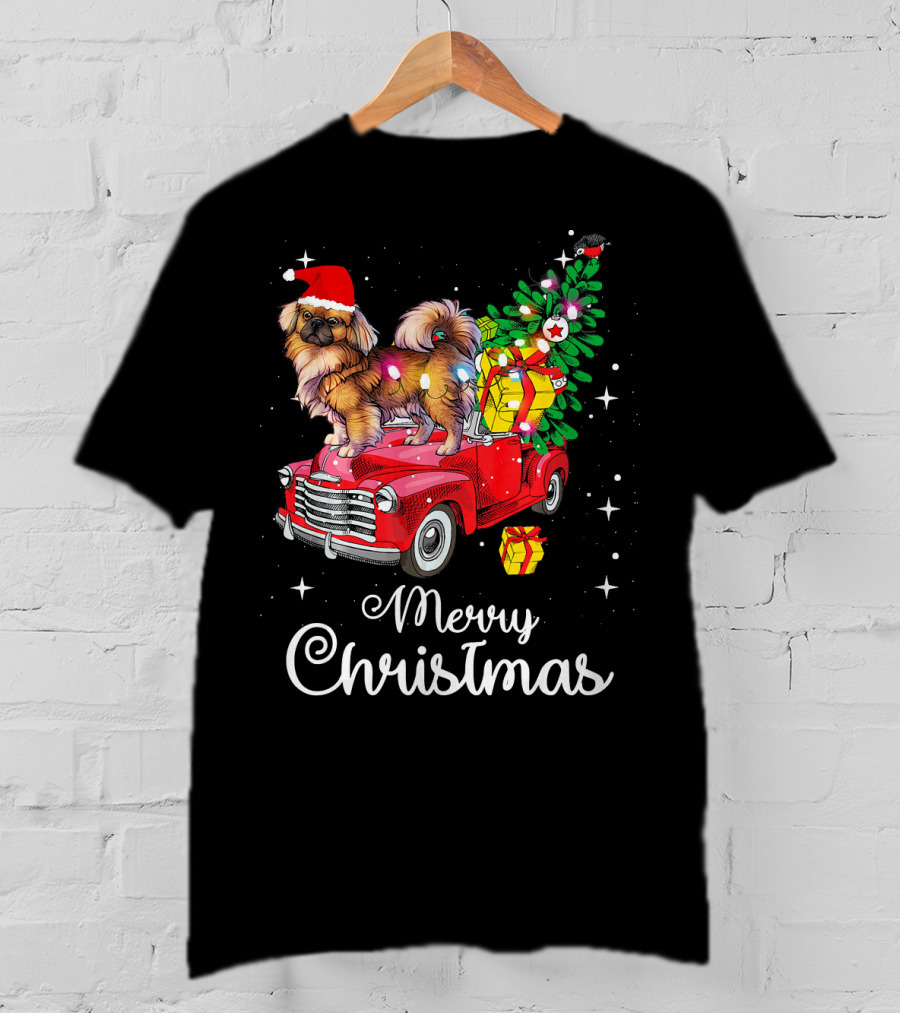 Merry Christmas Pekingese Rides Red Truck With Santa Hat And Holiday Gifts T-Shirt