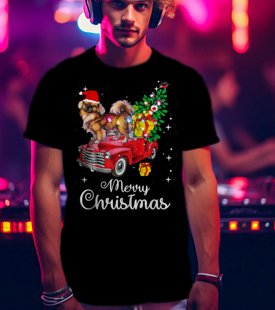 Merry Christmas Pekingese Rides Red Truck With Santa Hat And Holiday Gifts T-Shirt