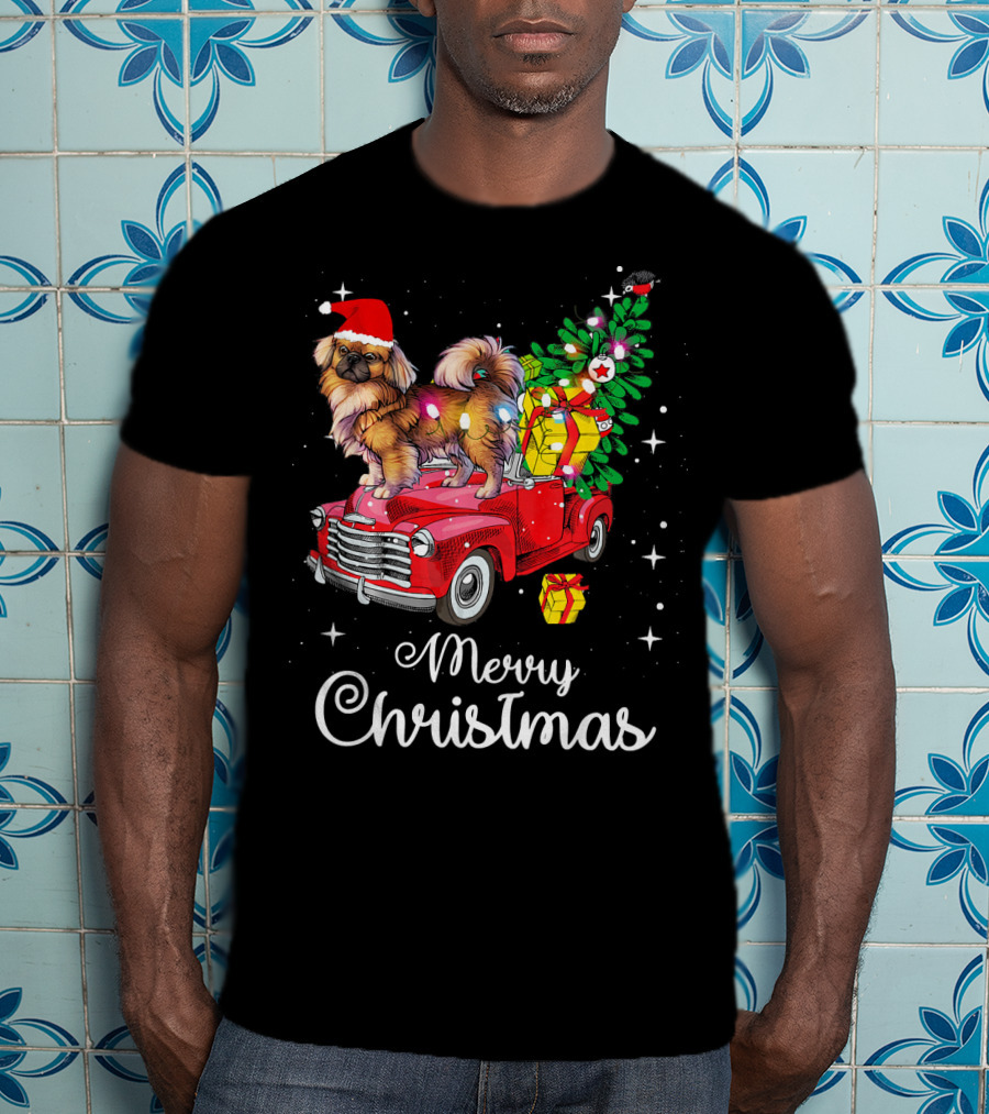 Merry Christmas Pekingese Rides Red Truck With Santa Hat And Holiday Gifts T-Shirt