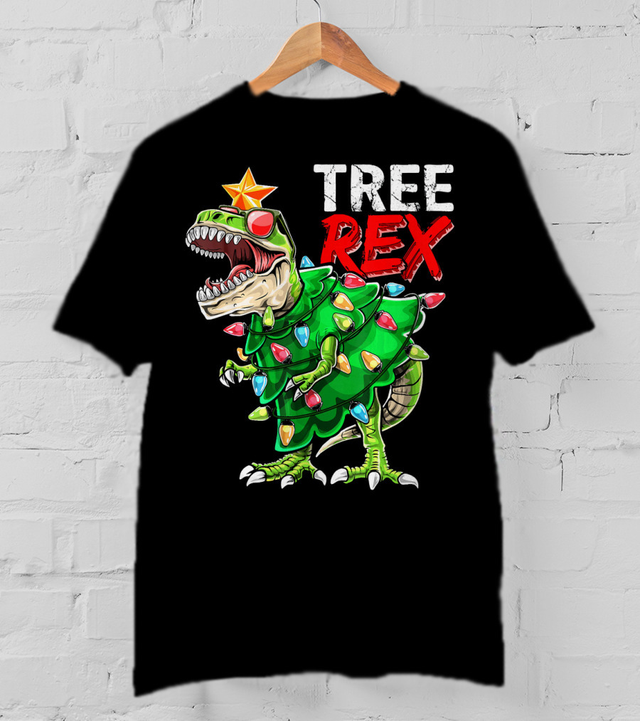 Tree Rex Dinosaur Christmas Tree With Festive Lights And Star T-Shirt