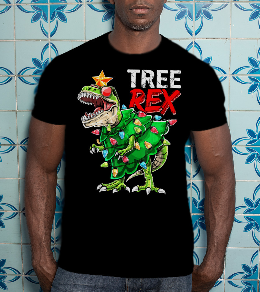 Tree Rex Dinosaur Christmas Tree With Festive Lights And Star T-Shirt