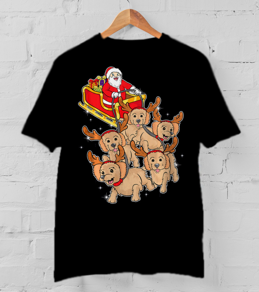 Santa Riding Sleigh With Adorable Goldendoodles As Reindeer T-Shirt