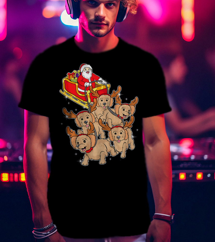 Santa Riding Sleigh With Adorable Goldendoodles As Reindeer T-Shirt