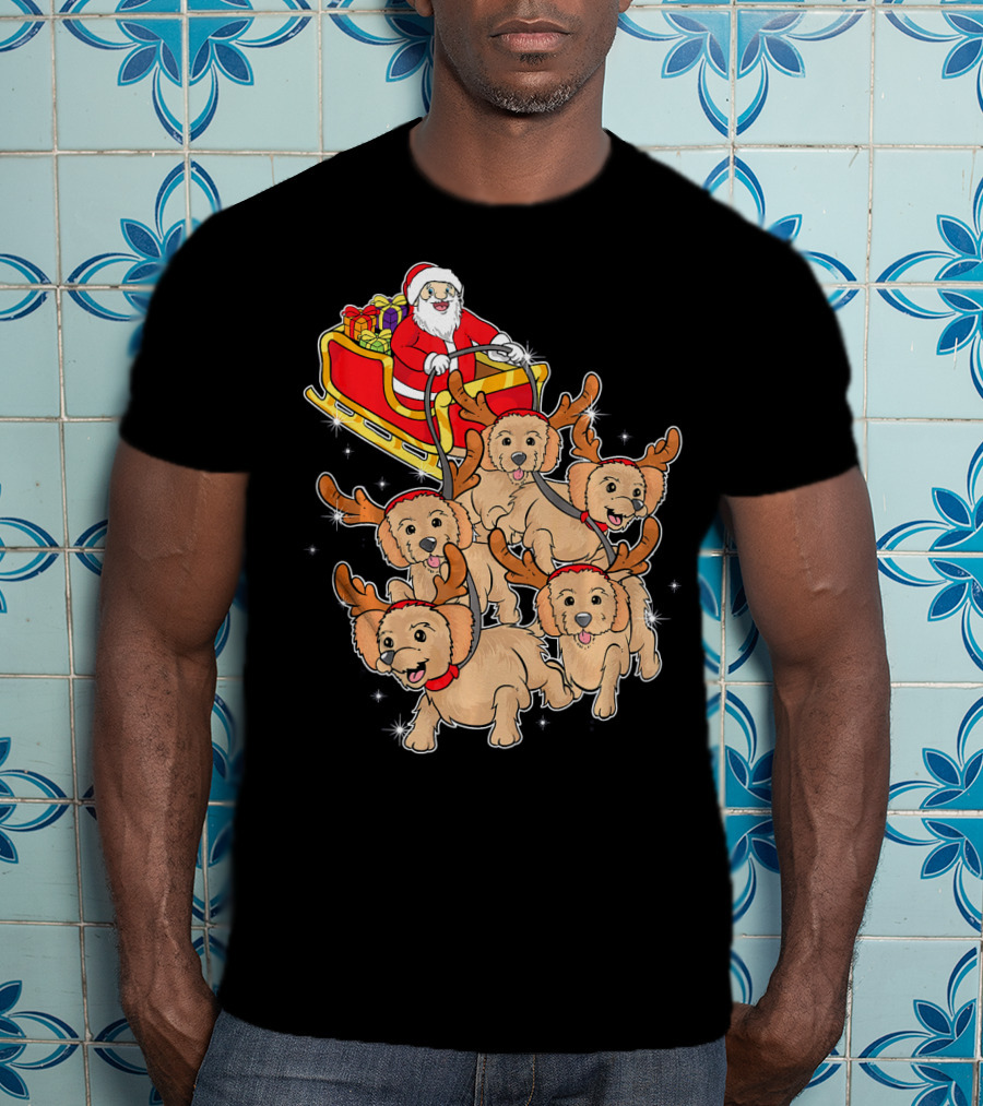 Santa Riding Sleigh With Adorable Goldendoodles As Reindeer T-Shirt