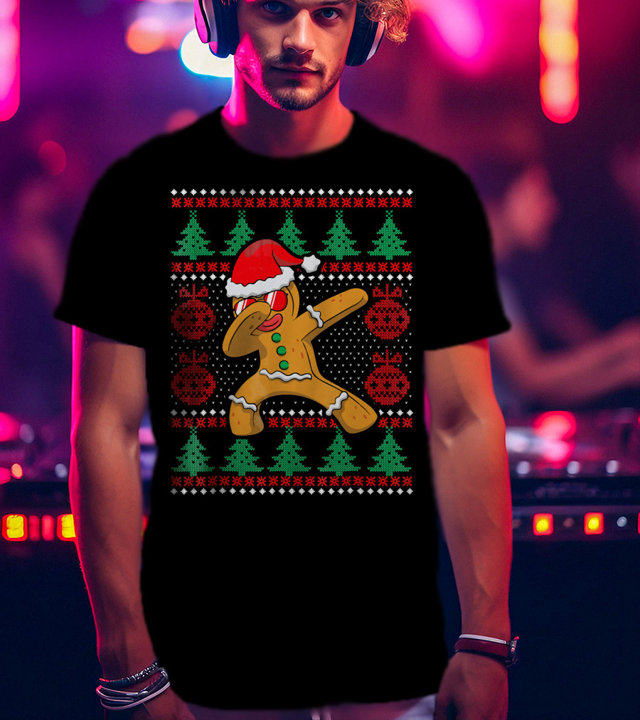 Ugly Christmas Gingerbread Dabbing Santa Hat Festive T-Shirt