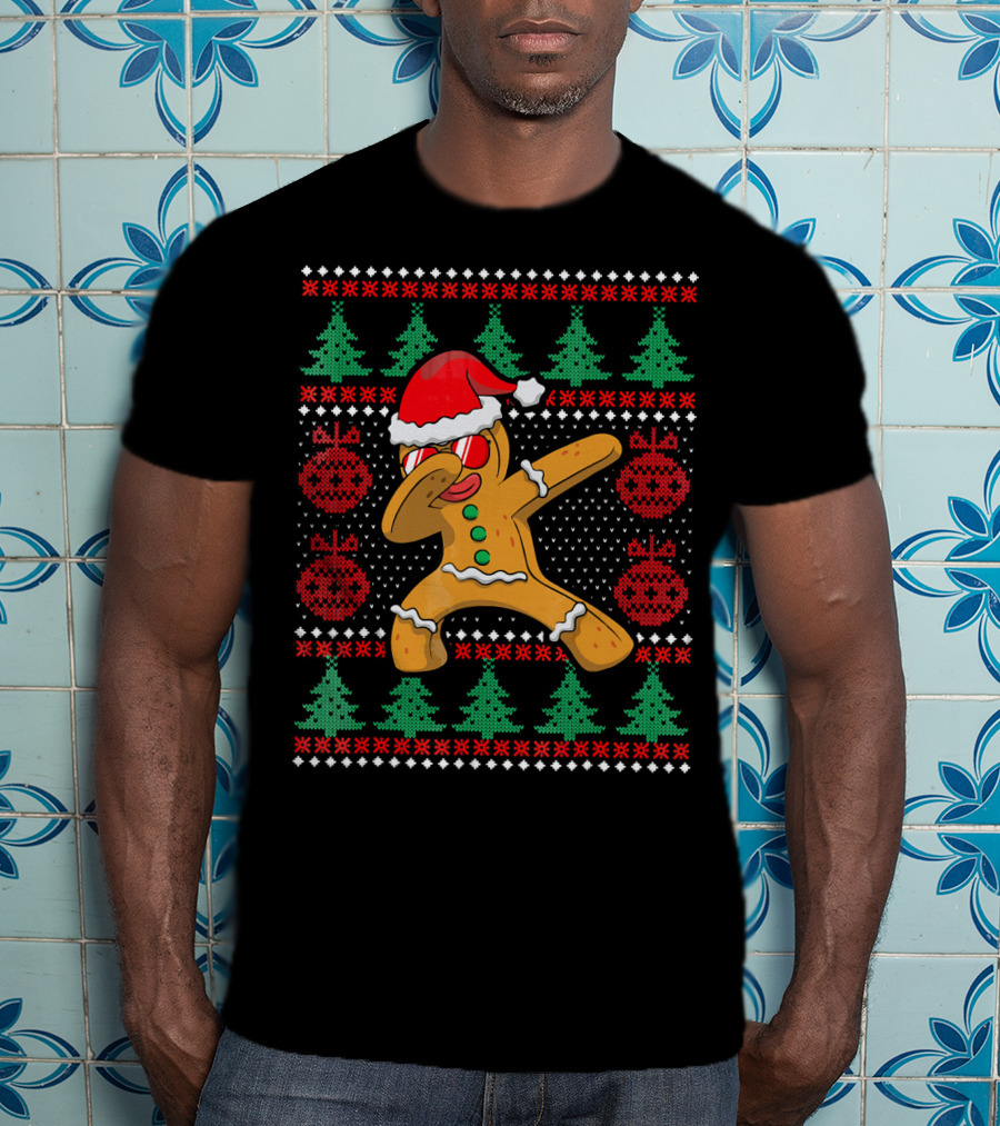 Ugly Christmas Gingerbread Dabbing Santa Hat Festive T-Shirt