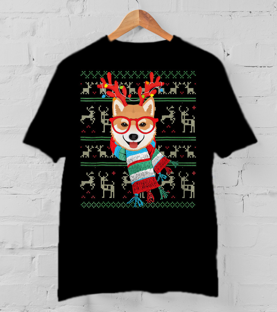 Shiba Inu With Reindeer Antlers And Festive Scarf Lights T-Shirt