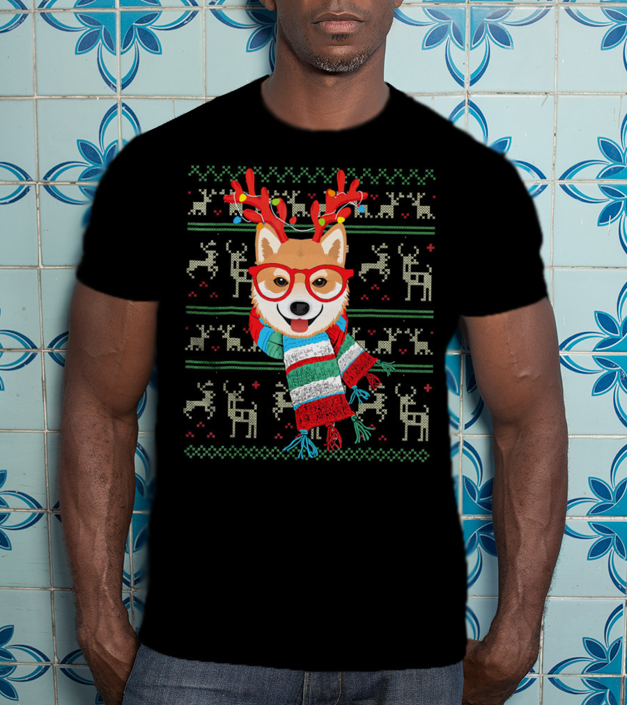 Shiba Inu With Reindeer Antlers And Festive Scarf Lights T-Shirt