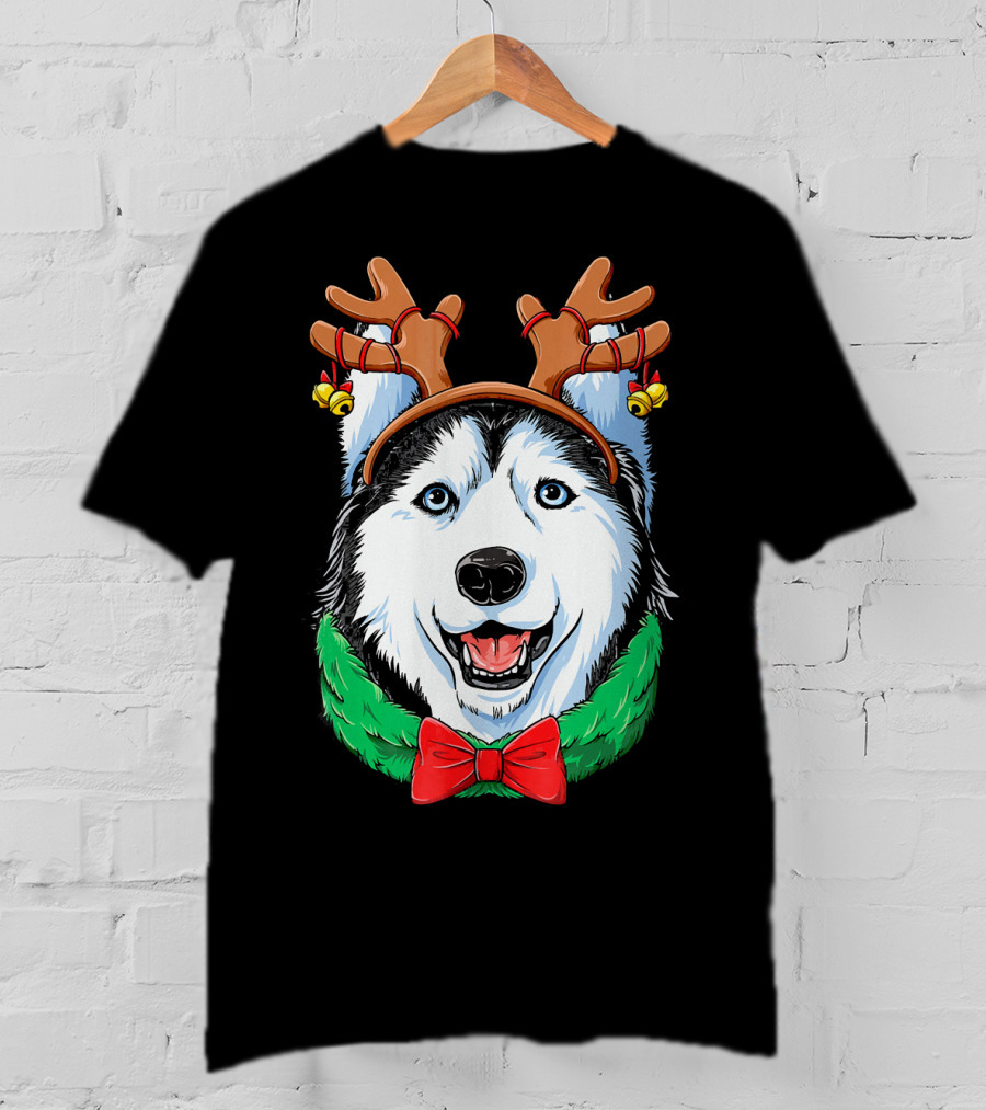 Siberian Husky With Reindeer Antlers Christmas Wreath Bow And Bells T-Shirt