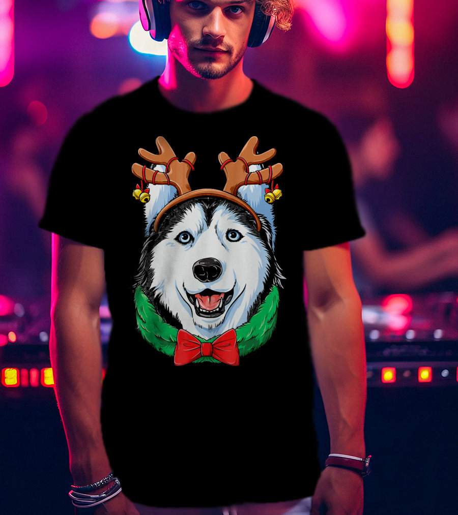 Siberian Husky With Reindeer Antlers Christmas Wreath Bow And Bells T-Shirt