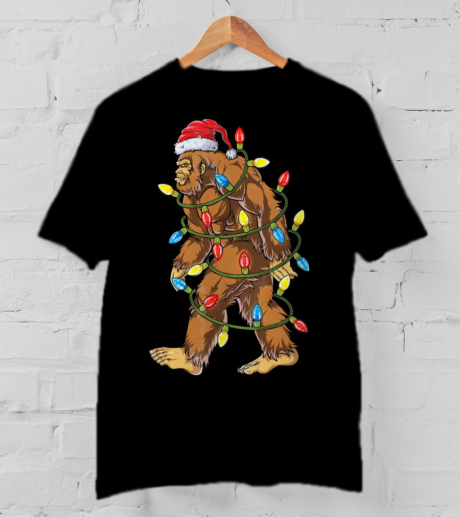Bigfoot Santa Wrapped In Christmas Lights T-Shirt