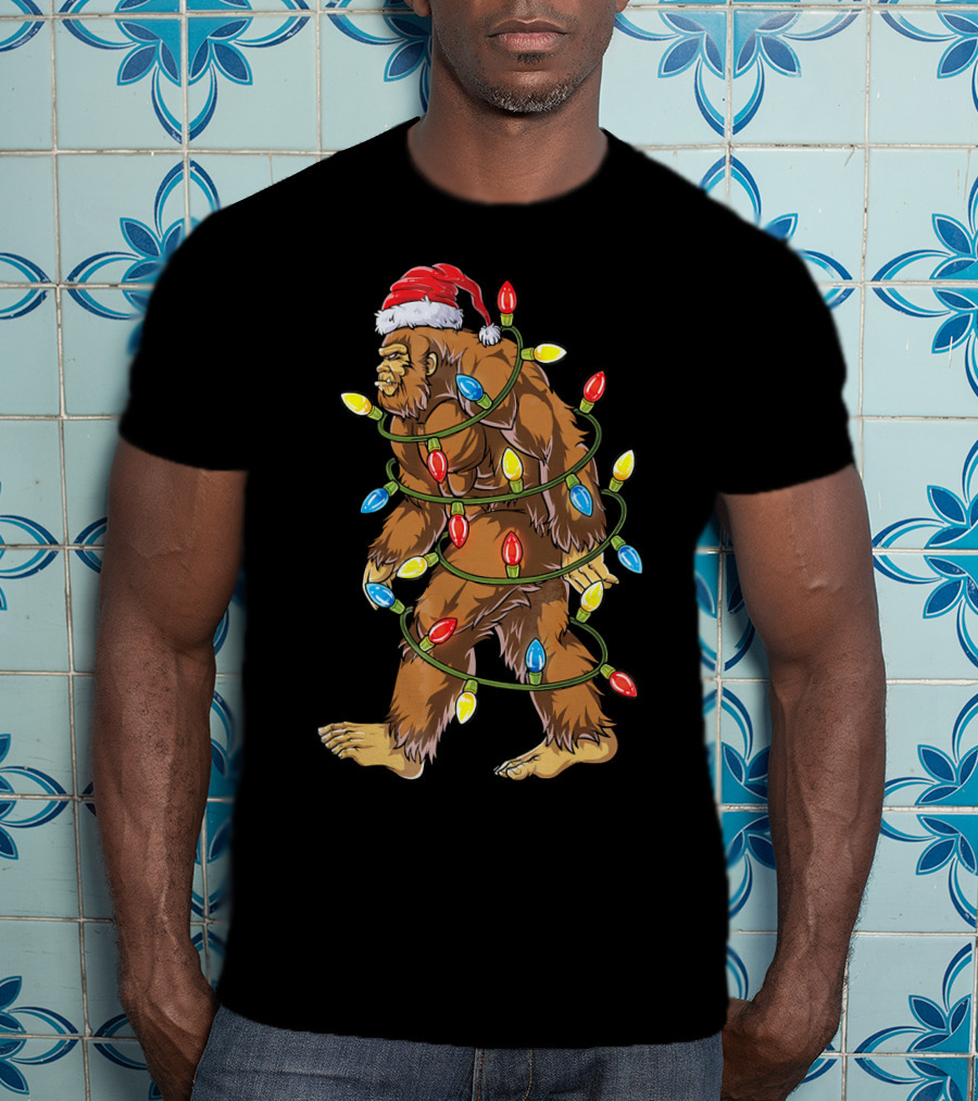 Bigfoot Santa Wrapped In Christmas Lights T-Shirt
