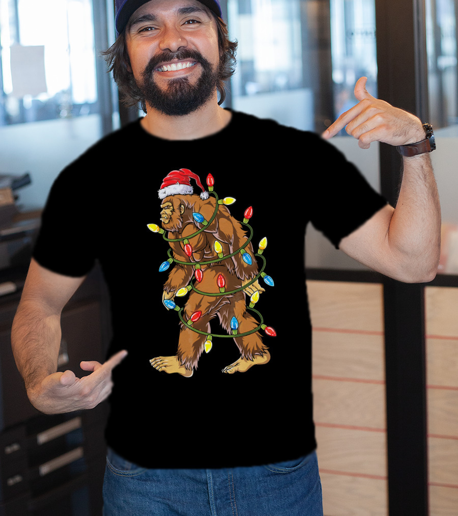 Bigfoot Santa Wrapped In Christmas Lights T-Shirt