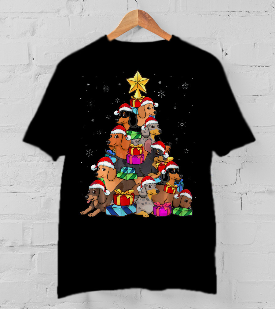 Dachshund Christmas Tree With Santa Hats And Gifts In Snowfall T-Shirt
