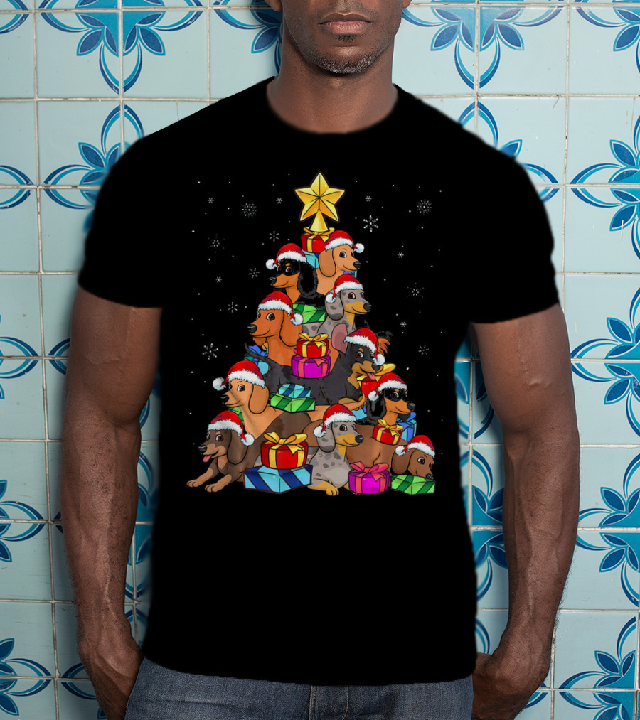 Dachshund Christmas Tree With Santa Hats And Gifts In Snowfall T-Shirt