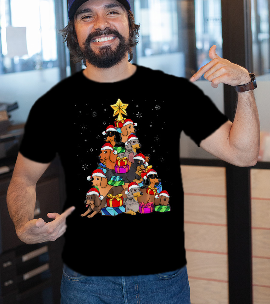 Dachshund Christmas Tree With Santa Hats And Gifts In Snowfall T-Shirt