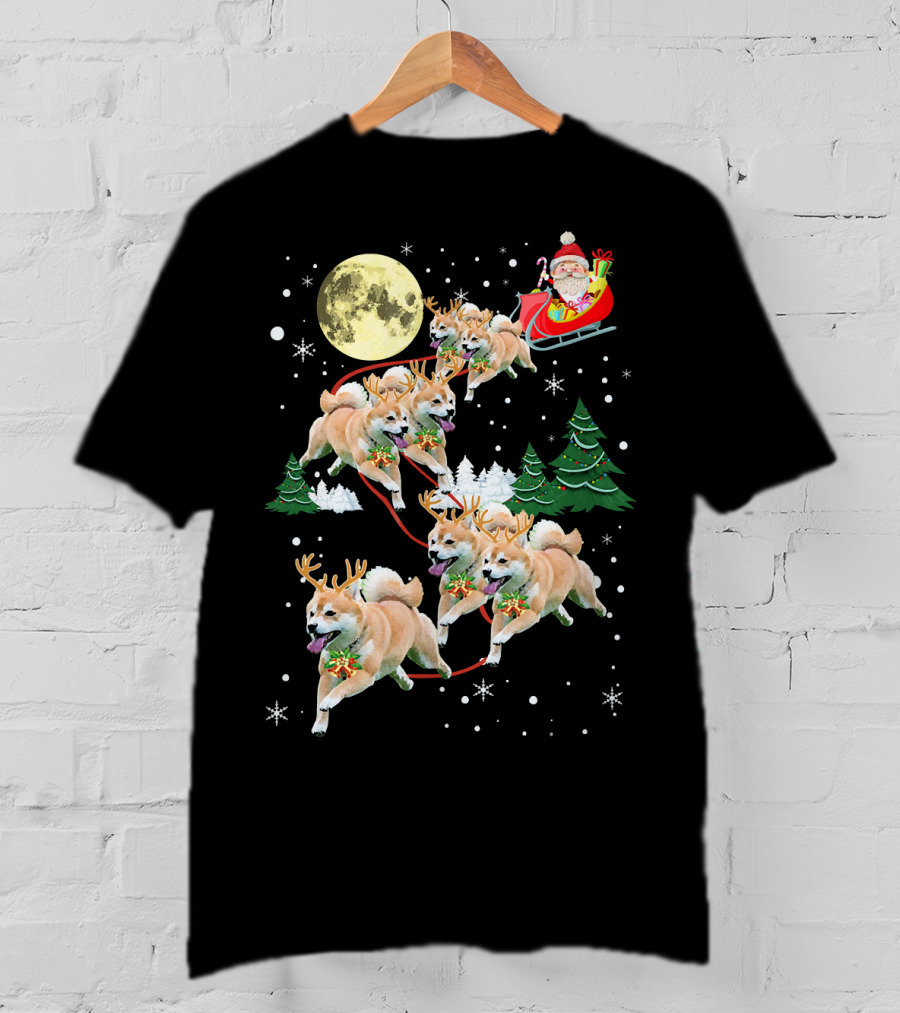 Santa's Shiba Inu Sleigh Ride Under Full Moon T-Shirt