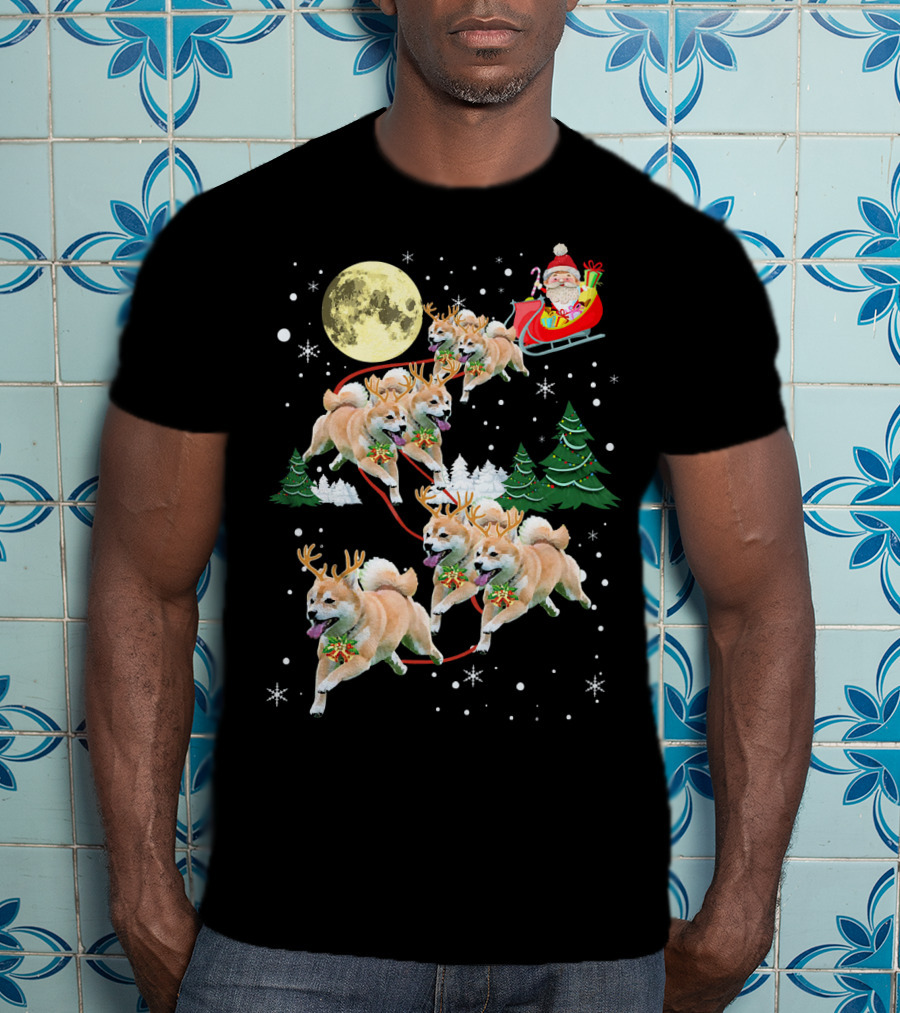 Santa's Shiba Inu Sleigh Ride Under Full Moon T-Shirt