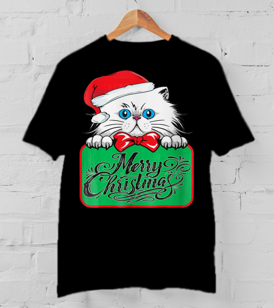 Merry Christmas Cute Cat With Santa Hat And Bow Tie T-Shirt