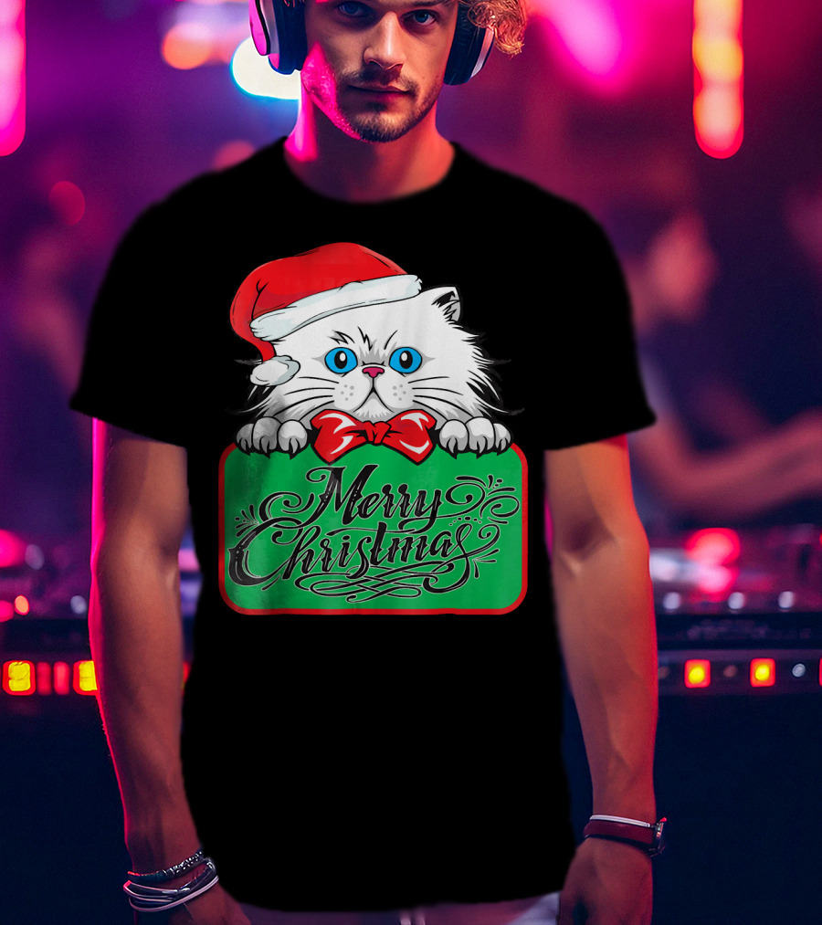Merry Christmas Cute Cat With Santa Hat And Bow Tie T-Shirt