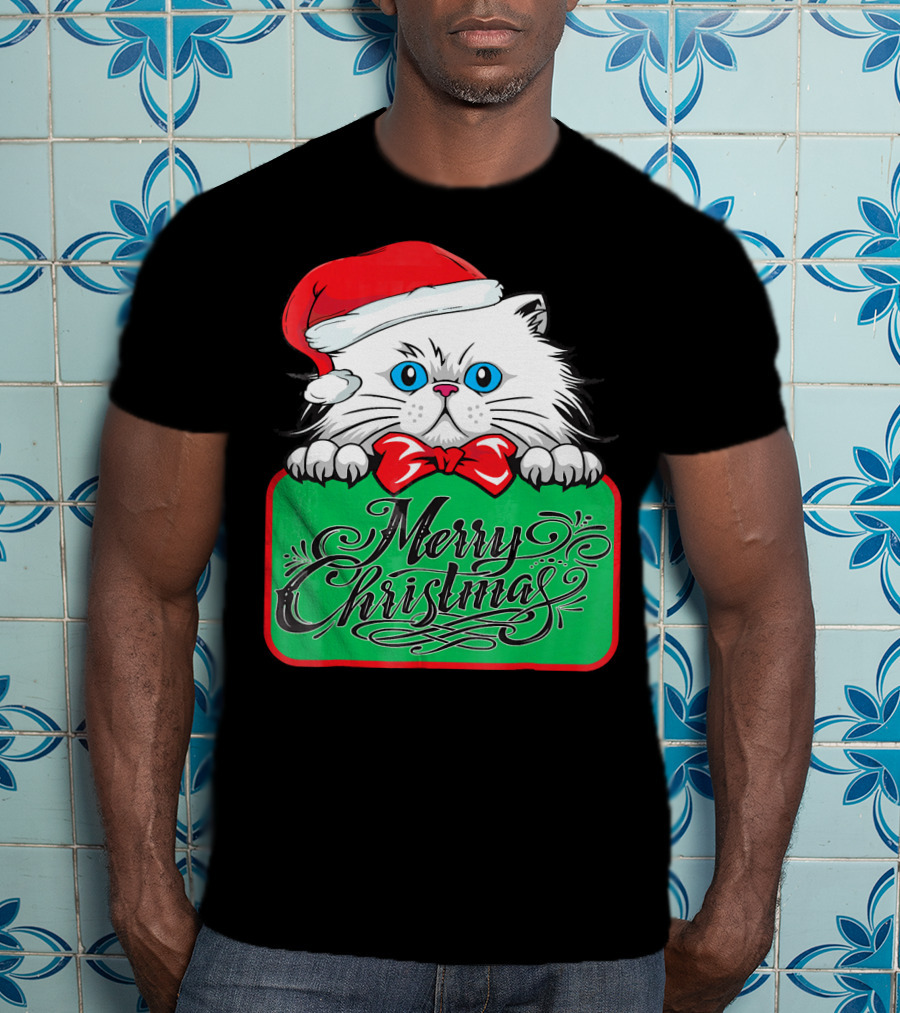 Merry Christmas Cute Cat With Santa Hat And Bow Tie T-Shirt