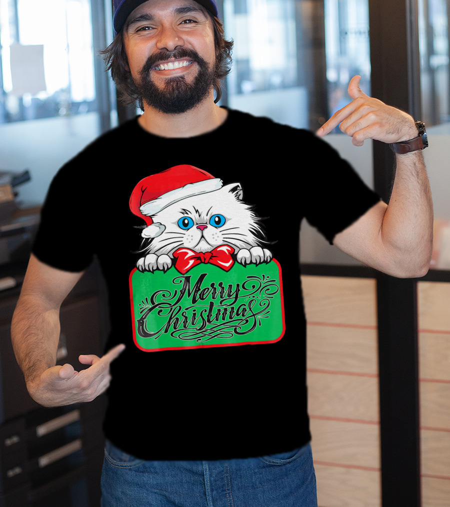 Merry Christmas Cute Cat With Santa Hat And Bow Tie T-Shirt