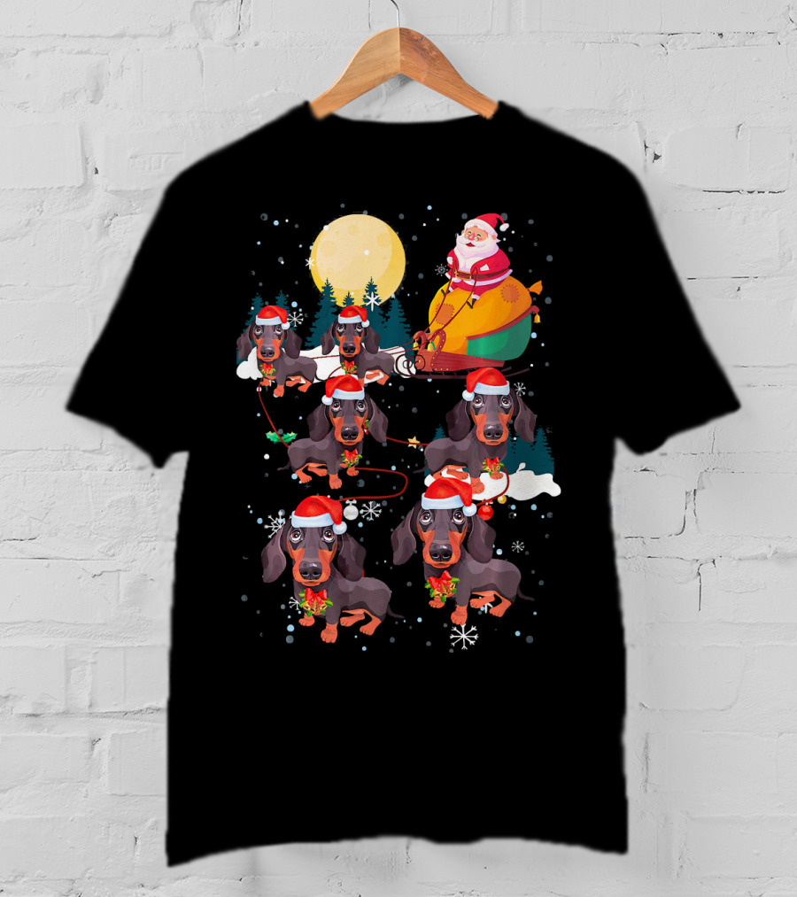 Santa Riding Sleigh With Dachshund Reindeer Under Full Moon T-Shirt