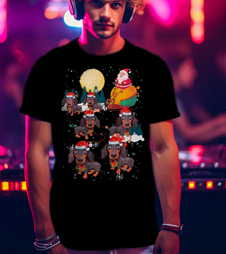 Santa Riding Sleigh With Dachshund Reindeer Under Full Moon T-Shirt